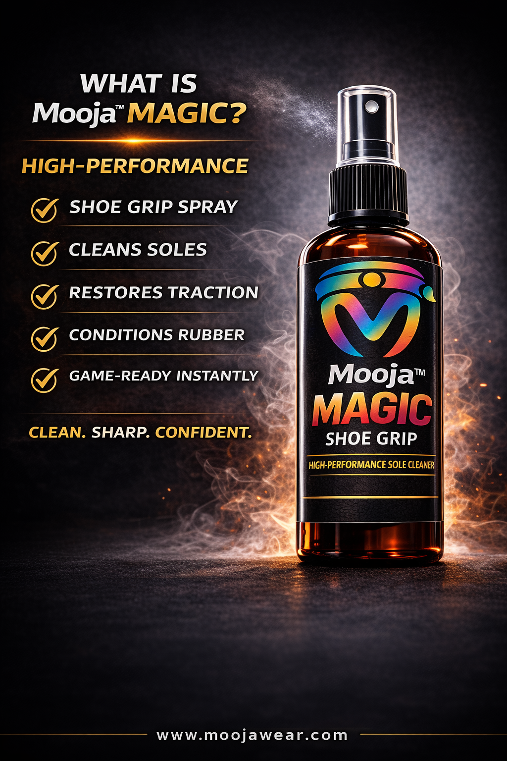 Mooja™ Magic Shoe Grip Spray – High-Performance Traction Cleaner & Rubber Conditioner.