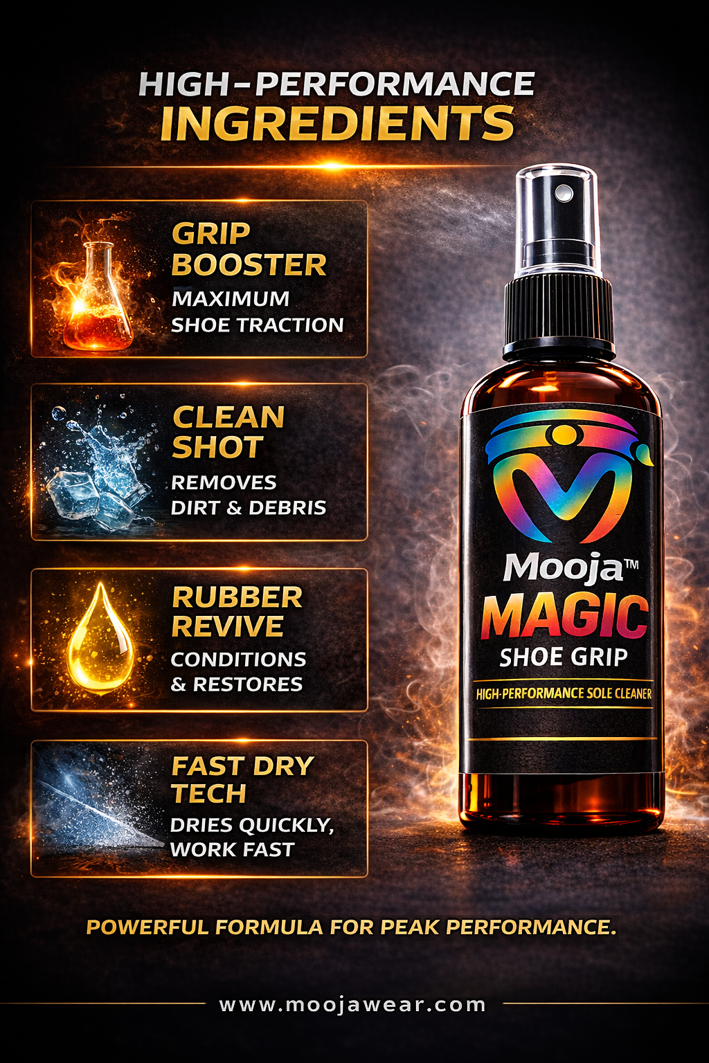 Mooja™ Magic Shoe Grip Spray – High-Performance Traction Cleaner & Rubber Conditioner.